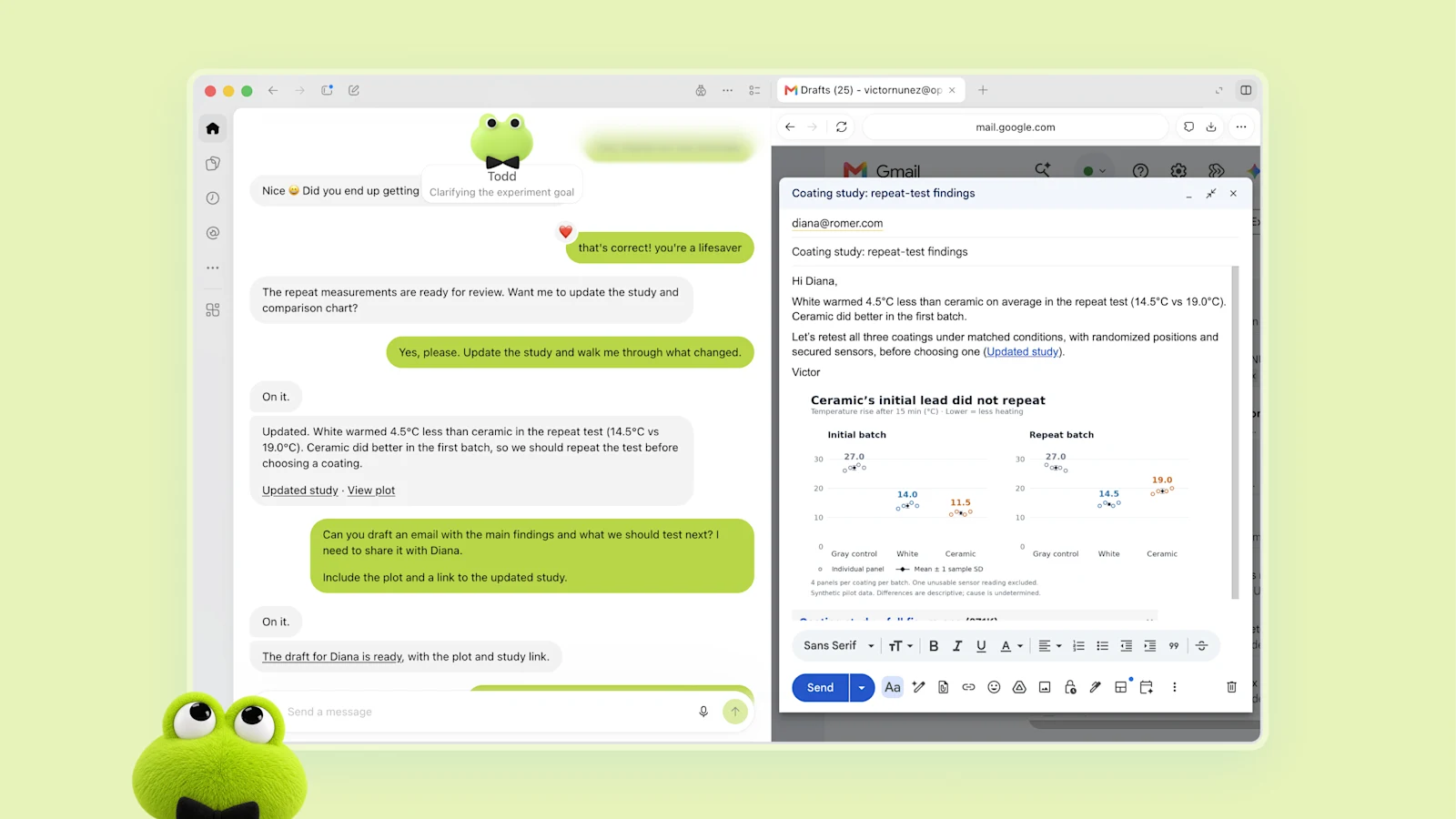 초록색 dot 토드가 실험 결과를 정리하고 Gmail 초안을 작성하는 화면