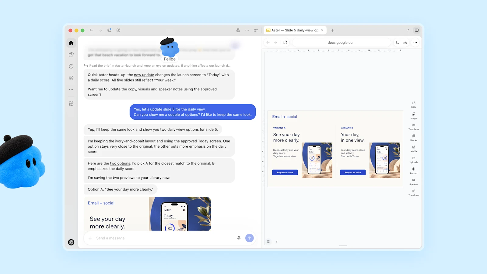 파란색 dot 펠리페가 Slack 채널을 지켜보다 출시 자료 수정을 제안하는 화면